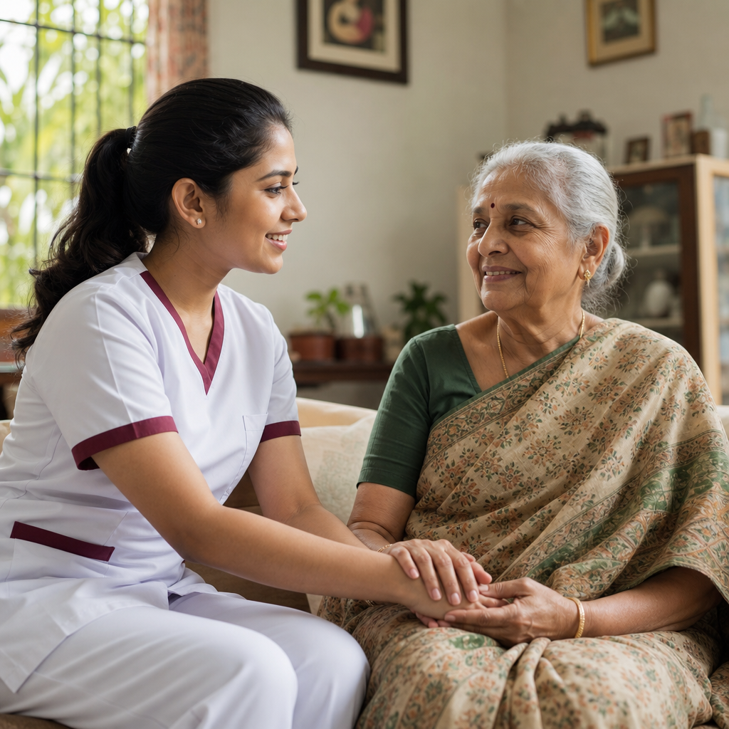 Nurse caring for elderly patient at home