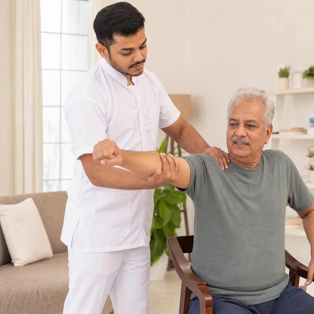 Physiotherapist helping senior with rehabilitation at home