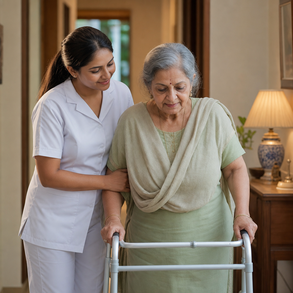 Caregiver assisting elderly person walking with a walker